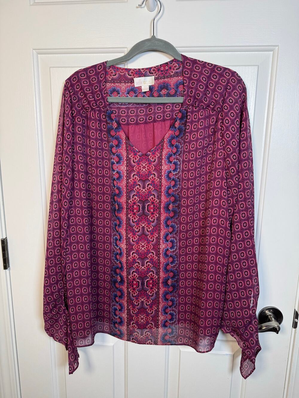 Belle by Kim Gravel Long Sleeve Boho Lined Peasant Blouse Magenta Pink Blue XL